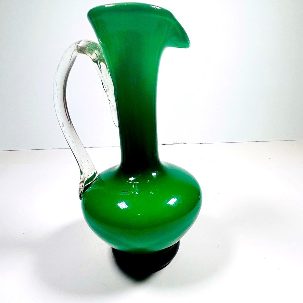 Vintage Green  Art Glass Vase Pitcher Ewer Clear Handle White Cased 8" Tall